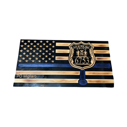 Custom Thin Blue Line Wooden Flag with Police Baton and Badge