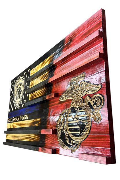 Personalized Police Challenge Coin Display Flag with Engraved Badge