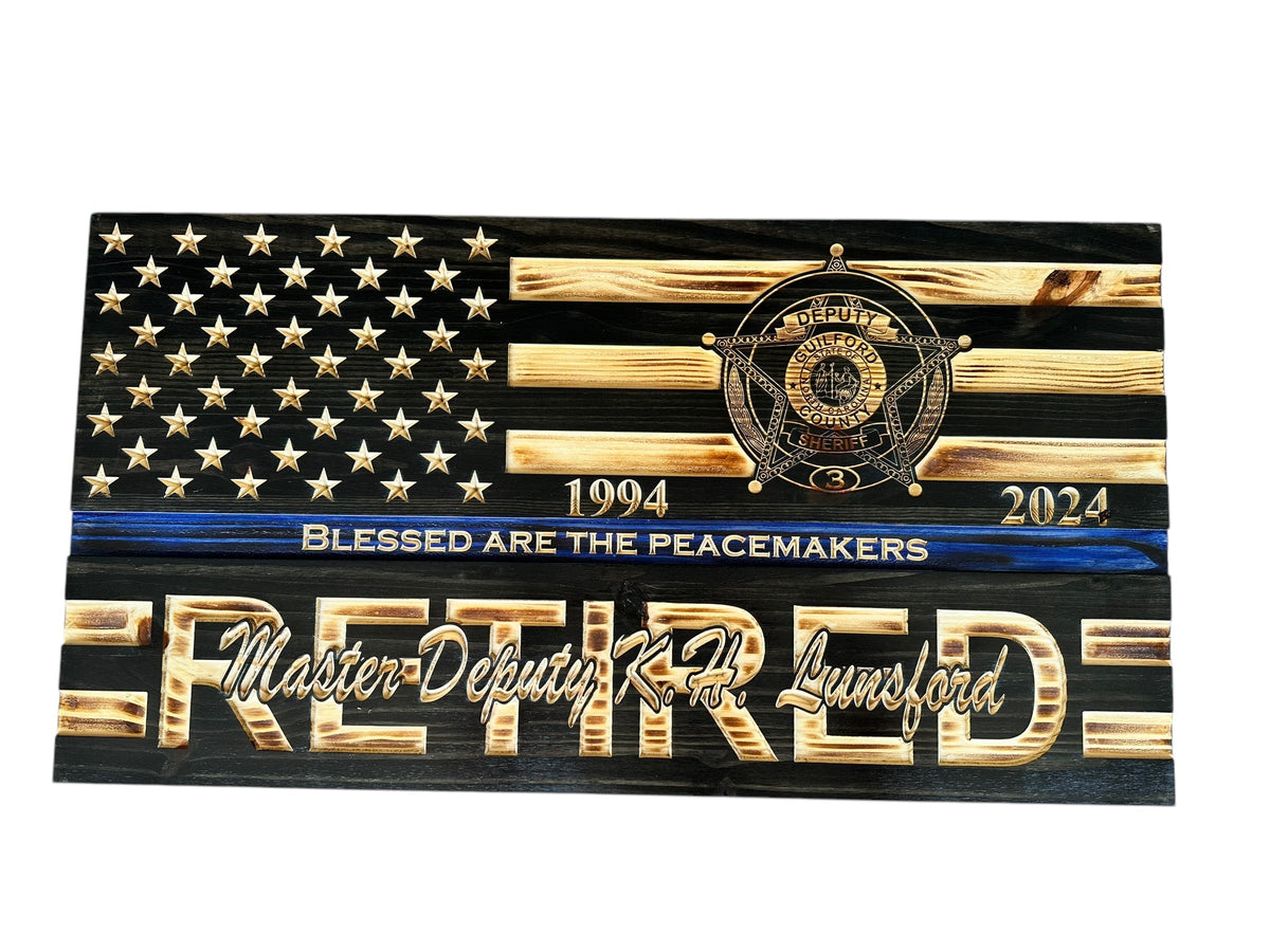 Personalized Police Retirement Wooden Flag with Engraved Badges