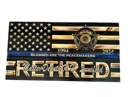 Personalized Police Retirement Wooden Flag with Engraved Badges