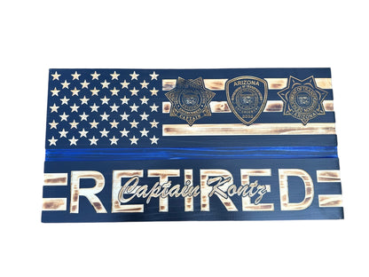 Personalized Police Retirement Wooden Flag with Engraved Badges