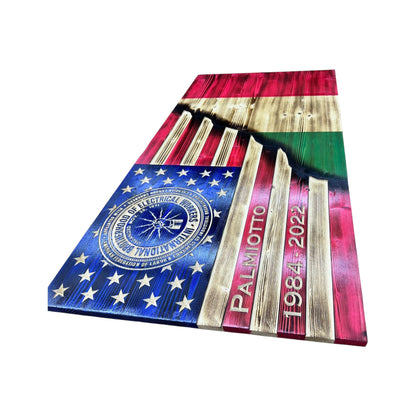 Custom Split Wooden American Flag with Engraved Badge