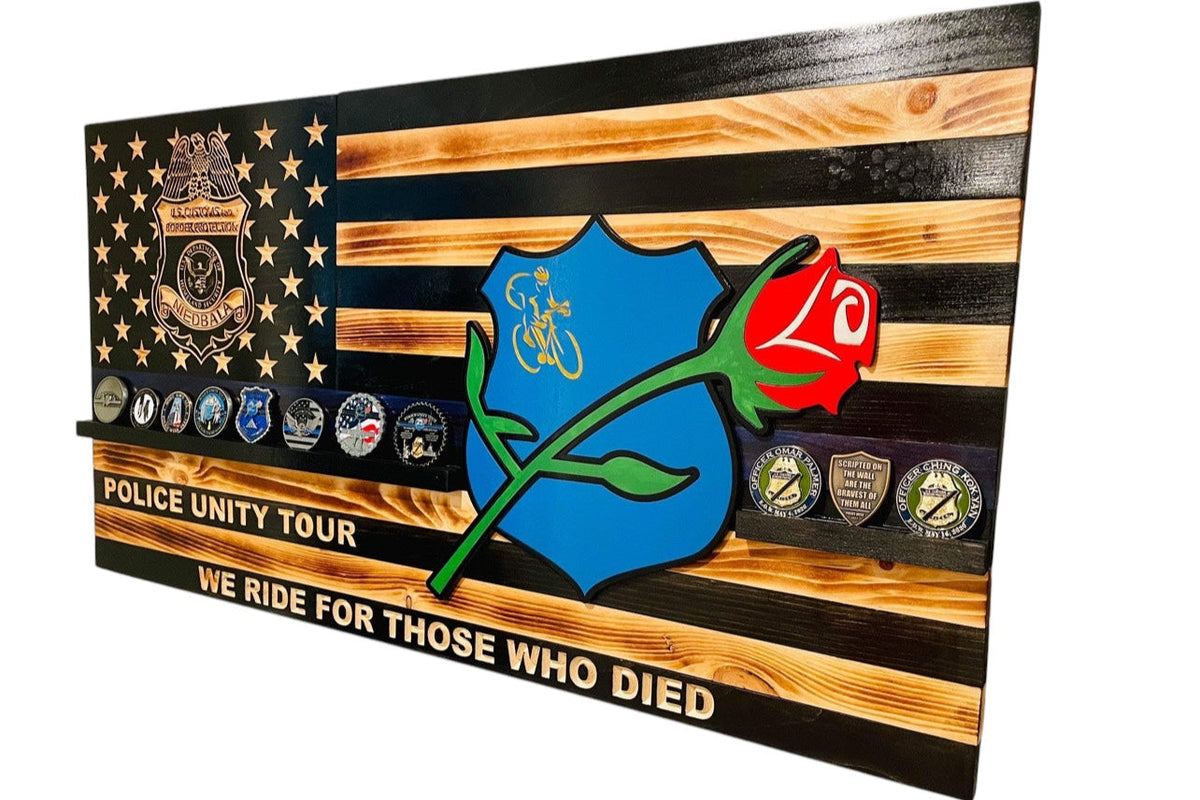 Personalized Police Challenge Coin Display Flag with Engraved Badge