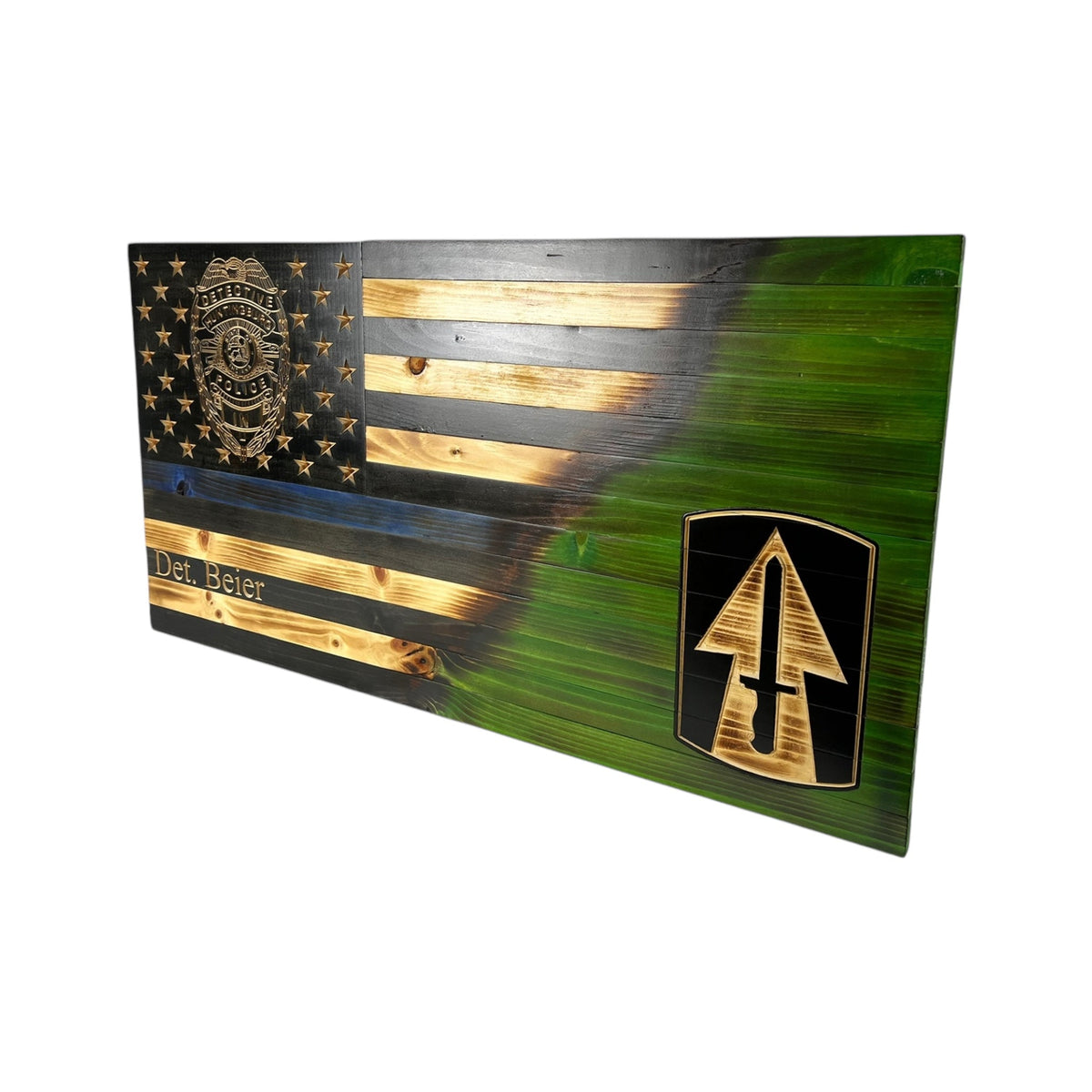 Custom Split Wooden American Flag with Engraved Badge