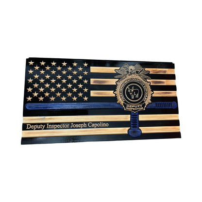 Custom Thin Blue Line Wooden Flag with Police Baton and Badge