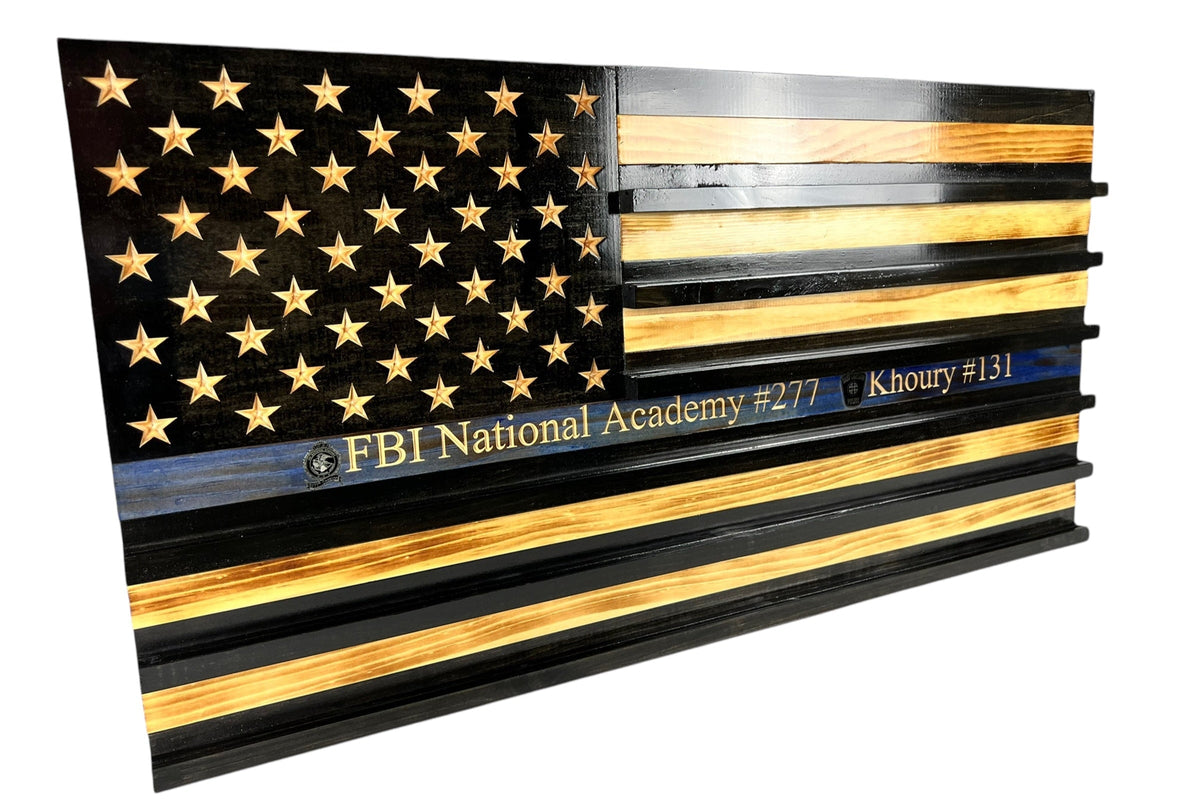 Personalized Police Challenge Coin Display Flag with Engraved Badge