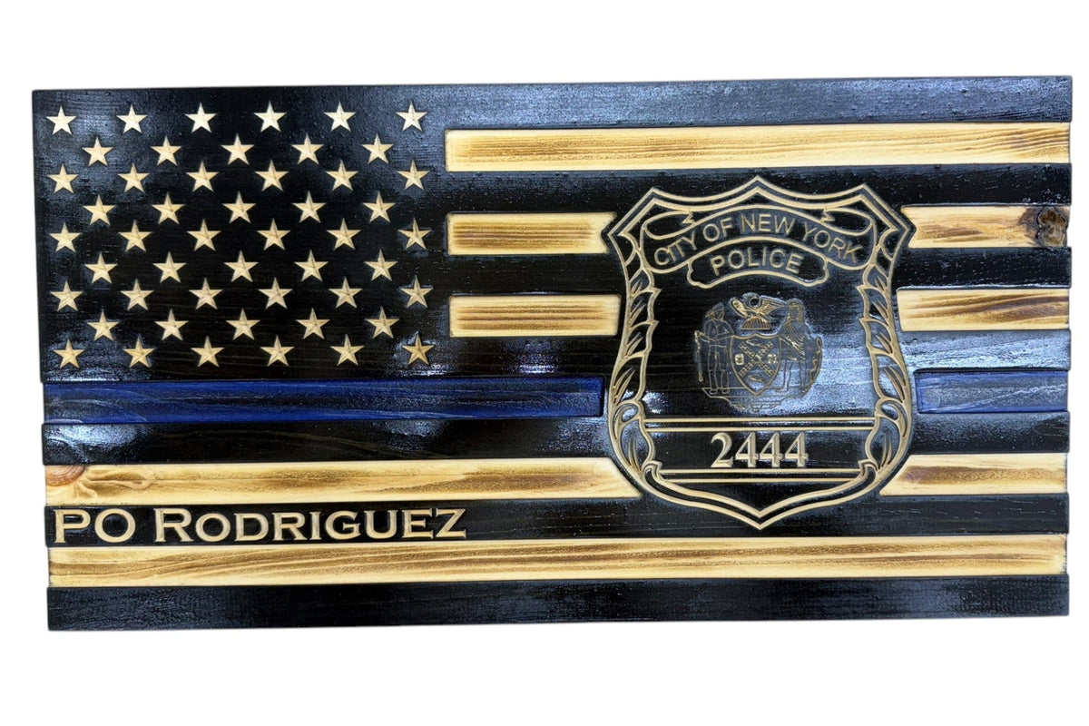 Personalized Thin Blue Line Police Flag with Engraved Badge