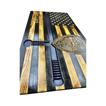 Custom Thin Blue Line Wooden Flag with Police Baton and Badge