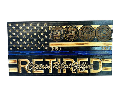 Personalized Police Retirement Wooden Flag with Engraved Badges