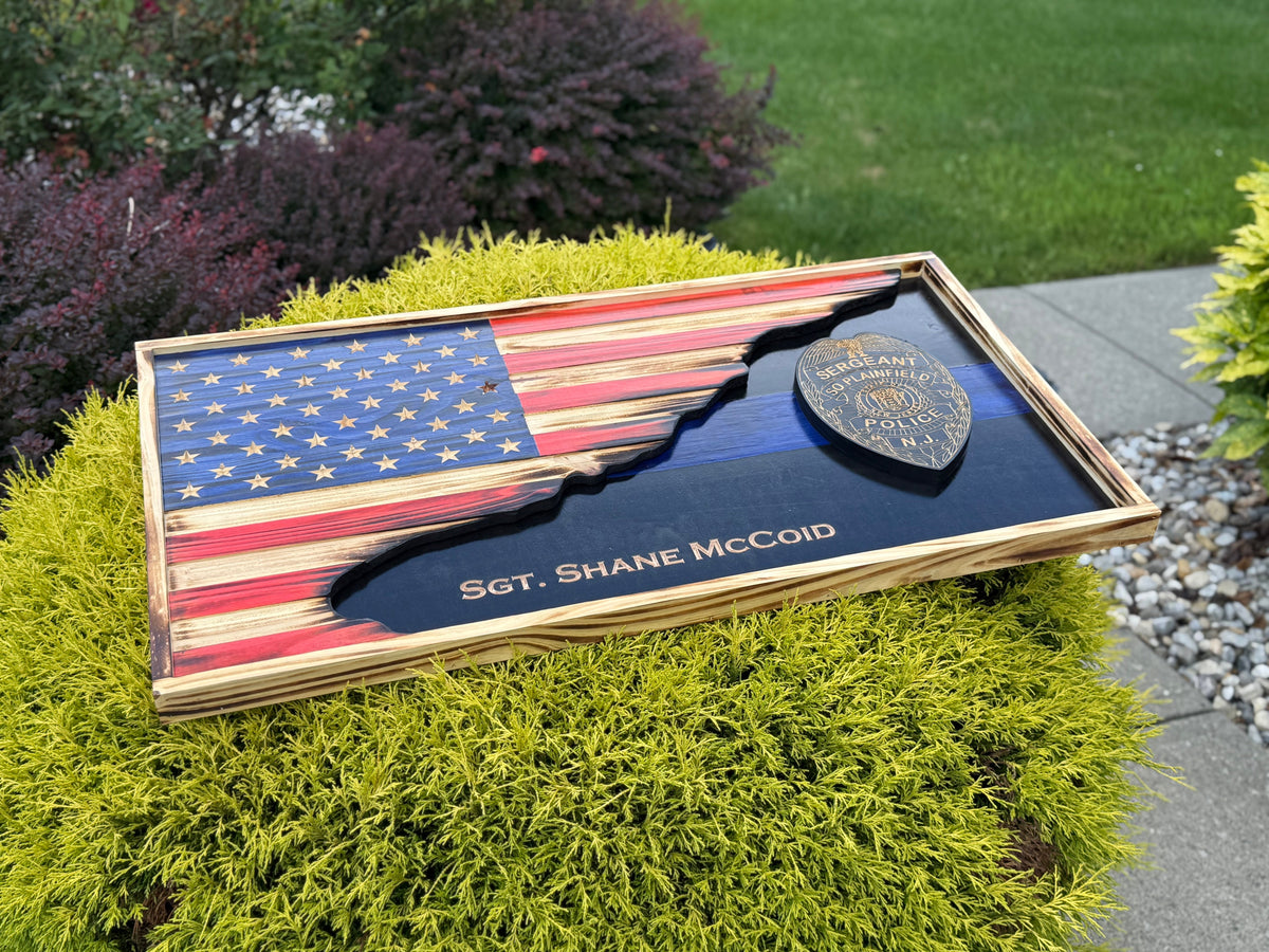 Custom 3D Thin Blue Line Police Flag with Engraved Badge