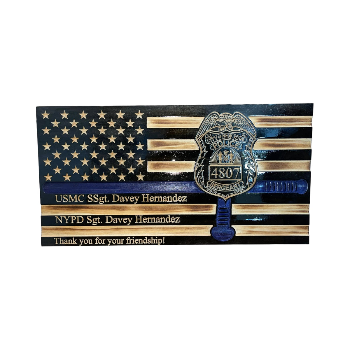 Custom Thin Blue Line Wooden Flag with Police Baton and Badge