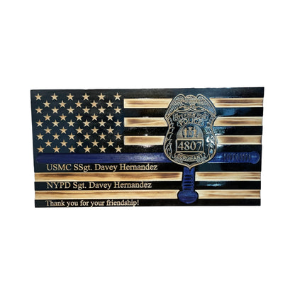Custom Thin Blue Line Wooden Flag with Police Baton and Badge