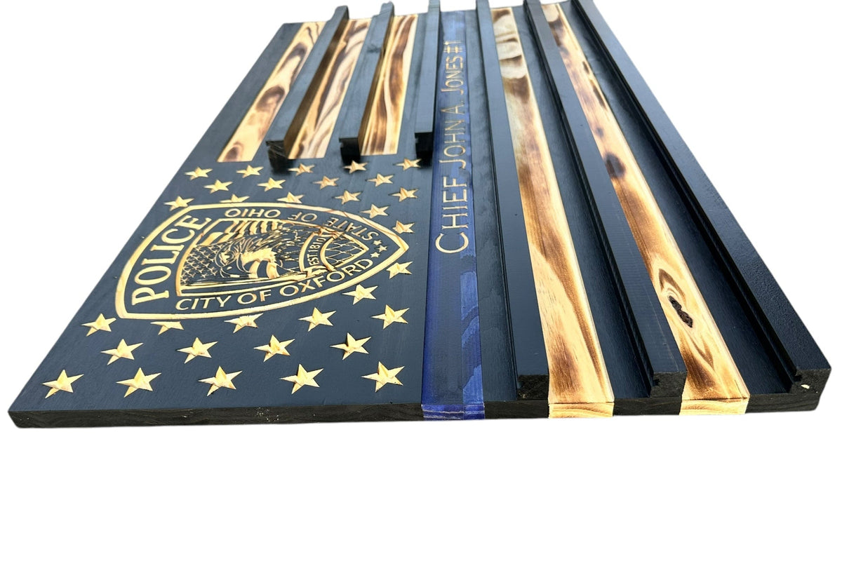 Personalized Police Challenge Coin Display Flag with Engraved Badge