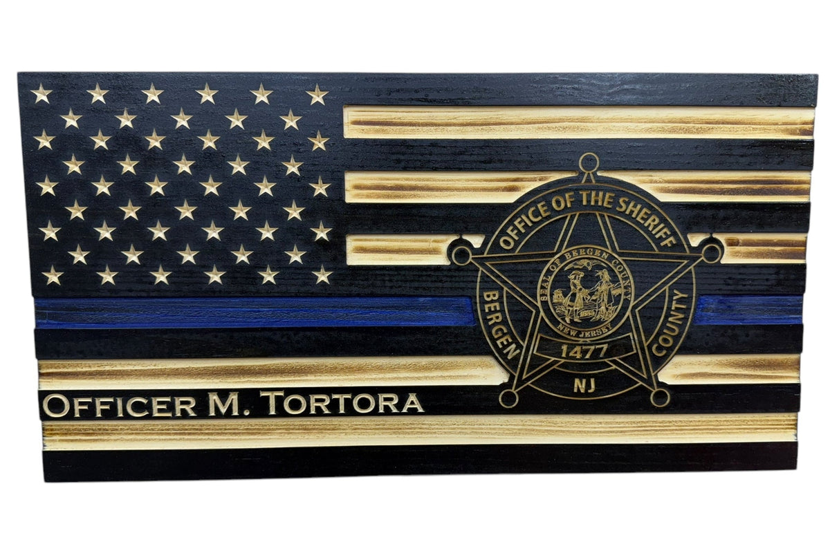 Personalized Thin Blue Line Police Flag with Engraved Badge