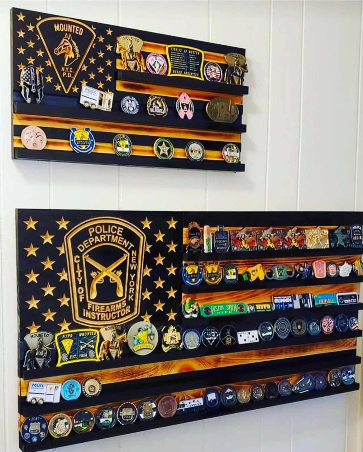 Personalized Police Challenge Coin Display Flag with Engraved Badge