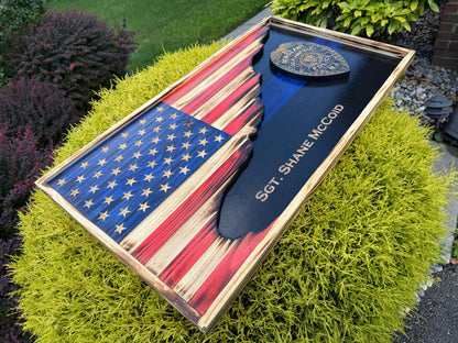 Custom 3D Thin Blue Line Police Flag with Engraved Badge
