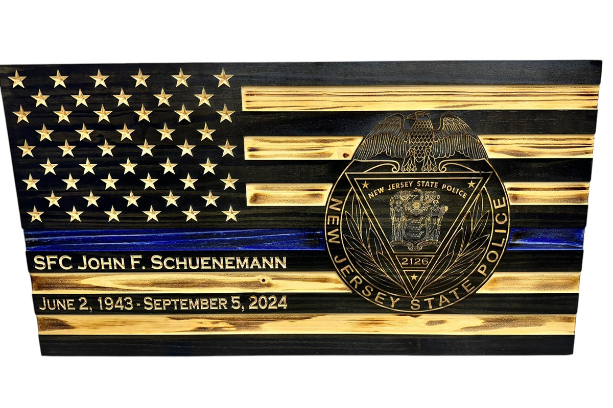 Personalized Thin Blue Line Police Flag with Engraved Badge