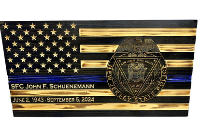 Personalized Thin Blue Line Police Flag with Engraved Badge