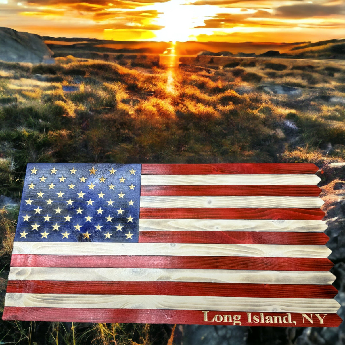 Custom Wooden American Picket Fence Flag with Ground Stakes