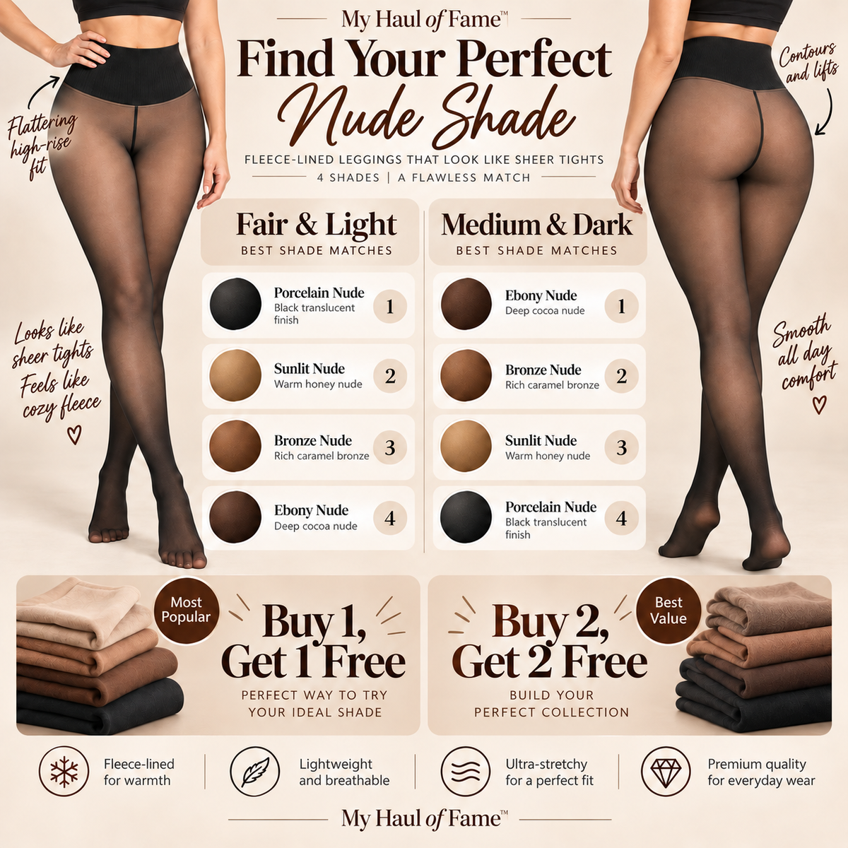 Promotional infographic for hosiery showing two cropped lower-body views of a model wearing sheer nude tights, with shade charts, product swatches, and marketing text such as 'My Haul of Fame' and 'Find Your Perfect Nude Shade.' Because a real person/body is present, this is Lifestyle rather than Product/Packaging, even though it also contains chart-like elements.