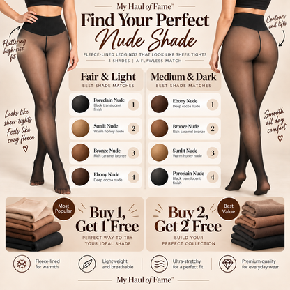 Promotional infographic for hosiery showing two cropped lower-body views of a model wearing sheer nude tights, with shade charts, product swatches, and marketing text such as 'My Haul of Fame' and 'Find Your Perfect Nude Shade.' Because a real person/body is present, this is Lifestyle rather than Product/Packaging, even though it also contains chart-like elements.