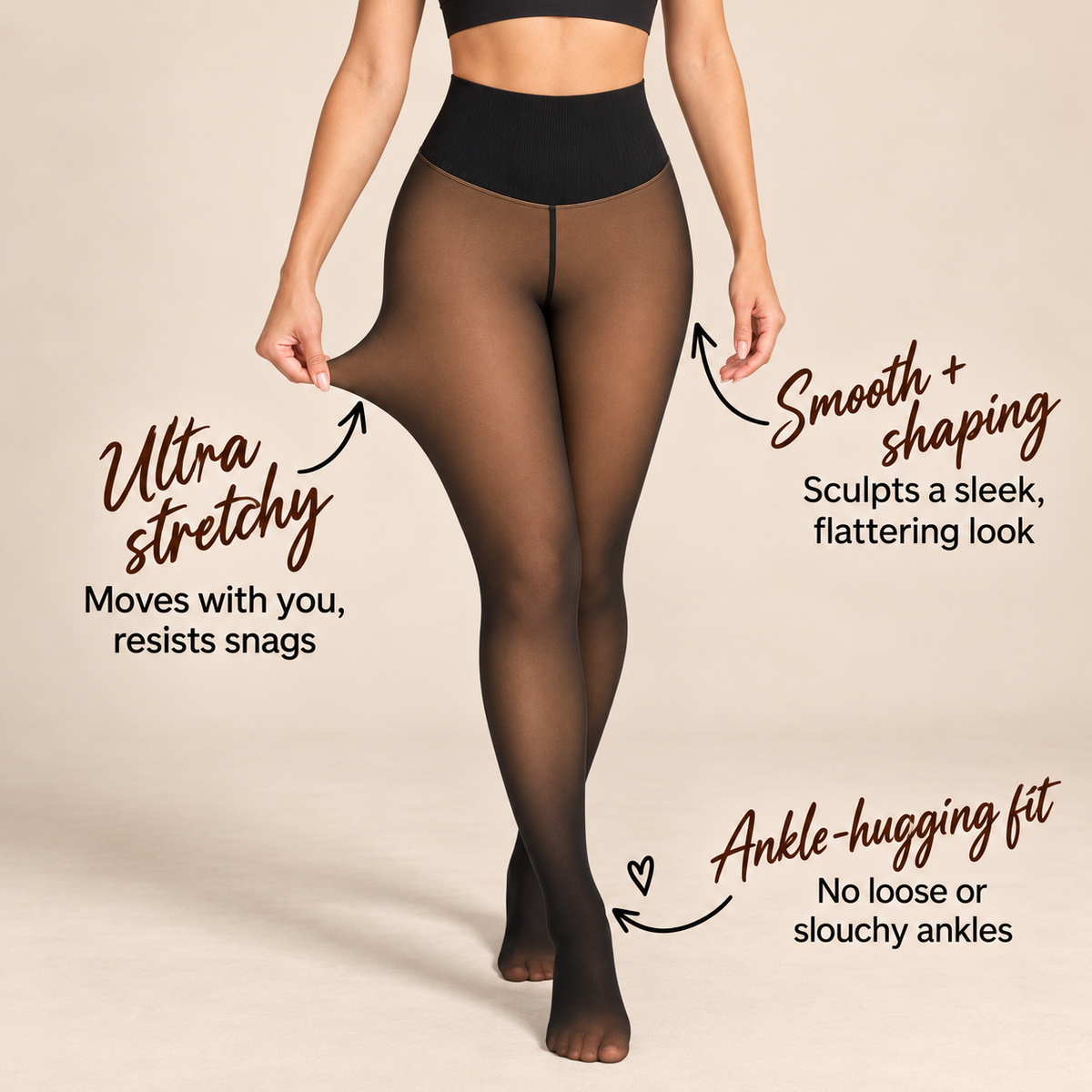 A model wearing sheer Fleecees™ against a warm beige studio background, with text callouts highlighting features like ultra stretchy movement, smooth shaping, and ankle-hugging fit.