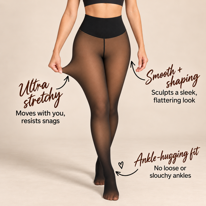 A model wearing sheer Fleecees™ against a warm beige studio background, with text callouts highlighting features like ultra stretchy movement, smooth shaping, and ankle-hugging fit.