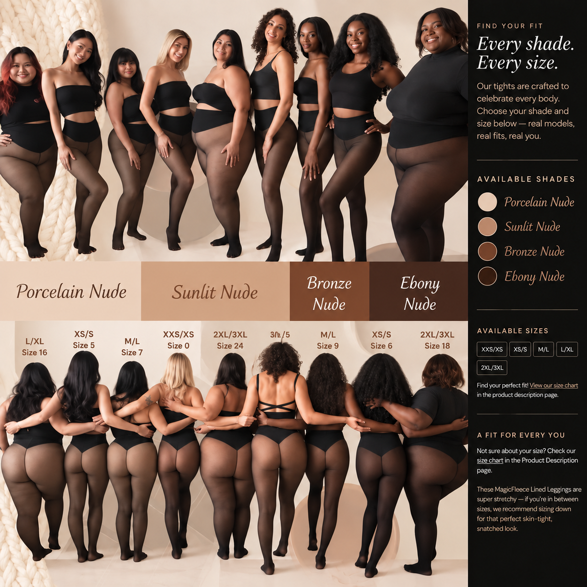 A comprehensive hosiery sizing and shade guide featuring real models wearing sheer black Fleecees™  in various shades labeled 'Porcelain Nude', 'Sunlit Nude', 'Bronze Nude', and 'Ebony Nude'. The image includes front and back views of the models, a color swatch chart, and sizing information.