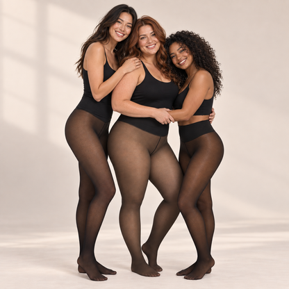 Three women standing together and hugging, wearing matching black bodysuits and sheer black tights, posed against a warm off-white studio background with soft window-like shadows.