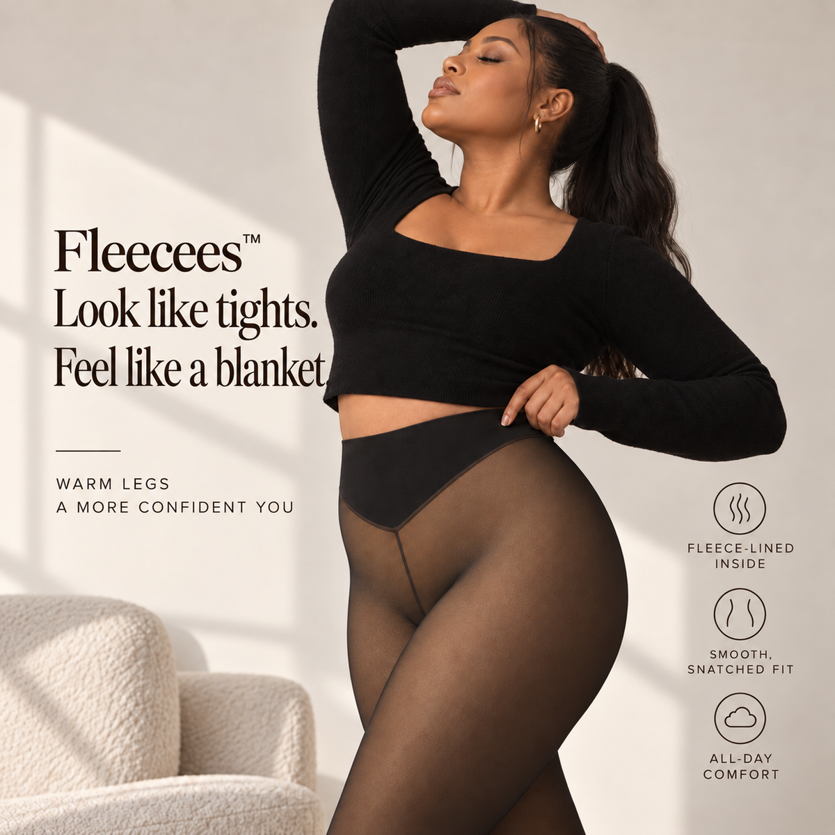 A woman modeling black sheer tights with a black long-sleeve top in a bright indoor setting. Text on the left reads 'Fleeces™ Look like tights.