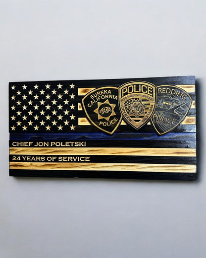 Personalized Thin Blue Line Police Flag with Engraved Badge