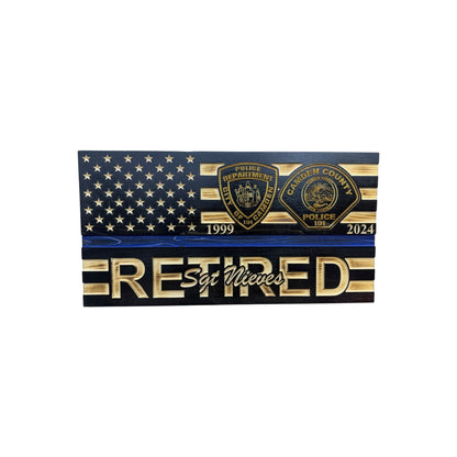 Personalized Police Retirement Wooden Flag with Engraved Badges