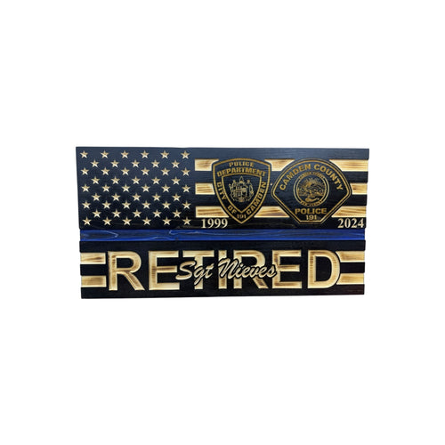Personalized Police Retirement Wooden Flag with Engraved Badges