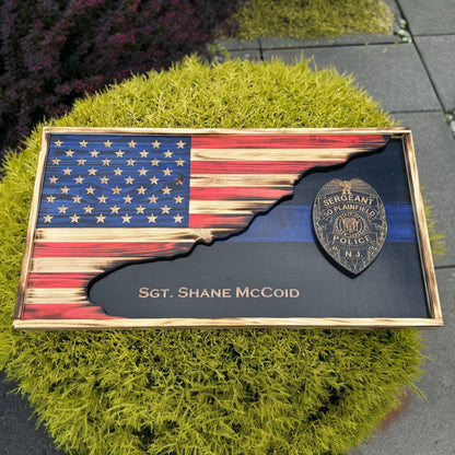 Custom 3D Thin Blue Line Police Flag with Engraved Badge