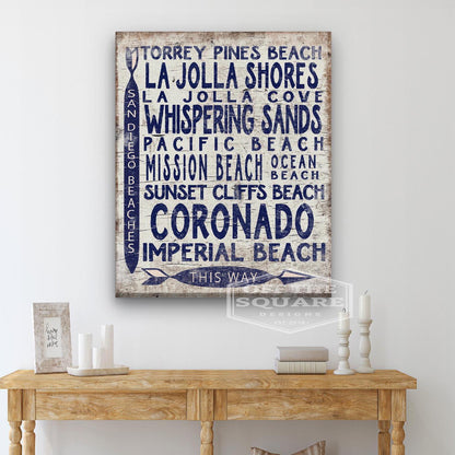 San Diego Beaches Sign - Vintage Wood Look Arrow