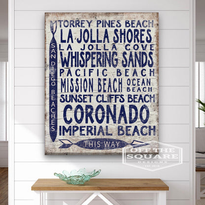 San Diego Beaches Sign - Vintage Wood Look Arrow